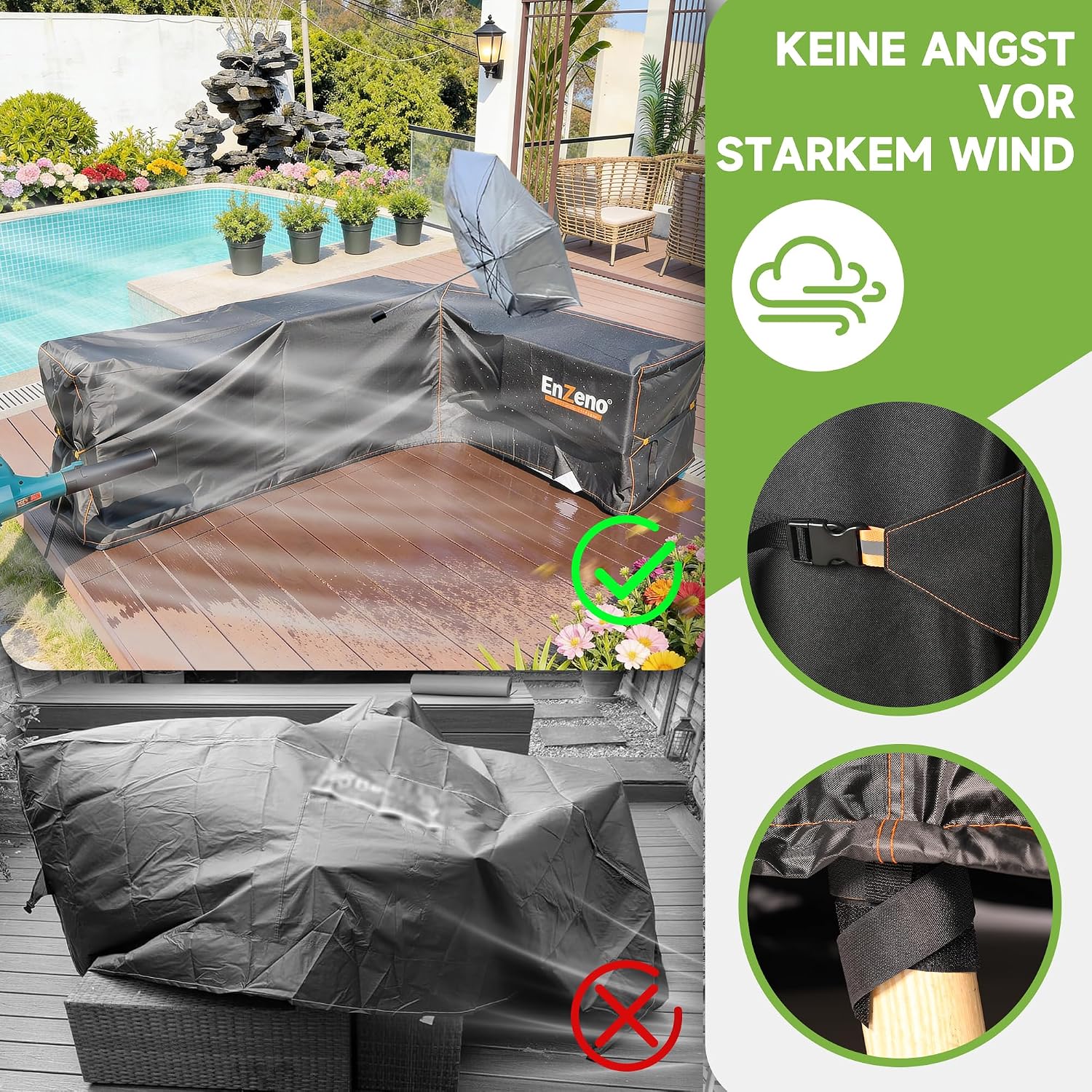 Detalle de Enzeno Abdeckung für Gartenmöbel in L‑Form – wasserdicht, winddicht, 215×215×87 cm