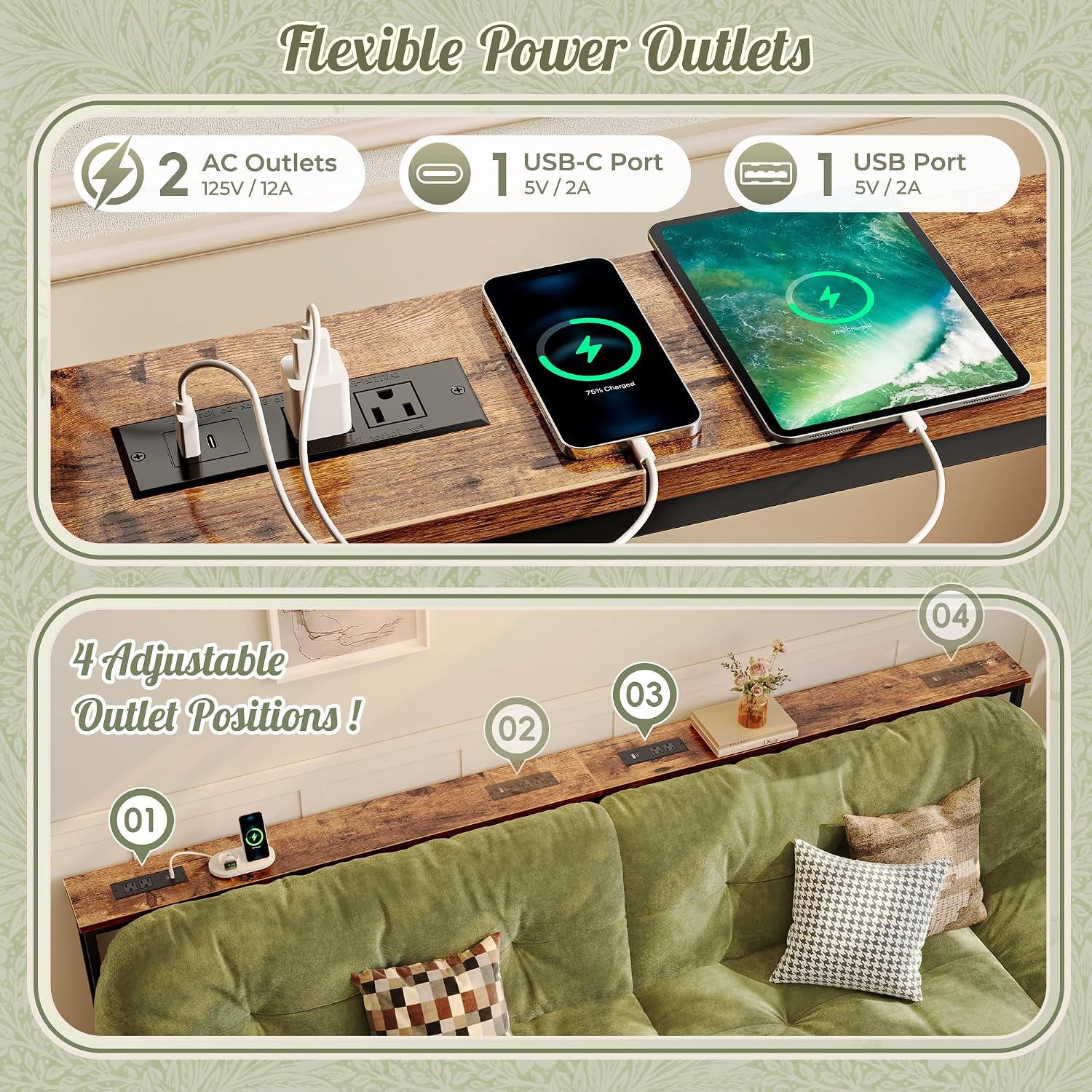 Detalle 2 de Huuger 102.4-Inch Sofa Table with Adjustable Height and Built-In Power