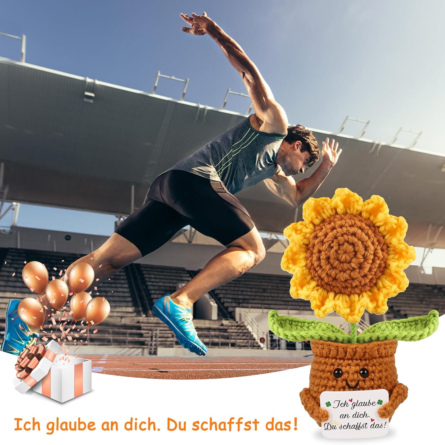 Detalle de WenmthG Positive Sonnenblume Pocket Hug – gestrickter Glücksbringer als kleines Mutmacher-Geschenk