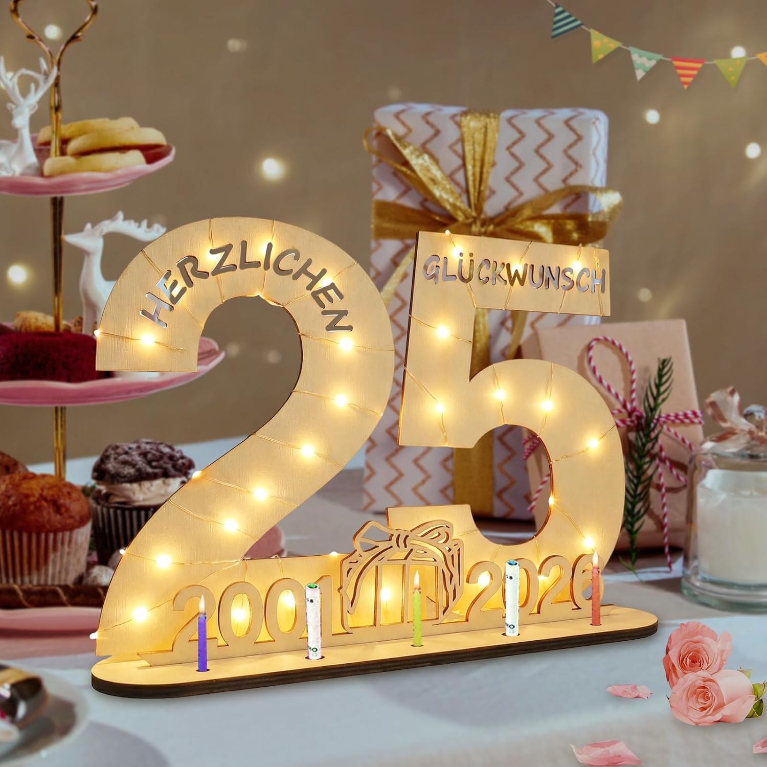 Thumbnail 4 de Seutgjie Geschenk zum 25. Geburtstag (2001–2026) mit LED-Lichterkette und Holzschild
