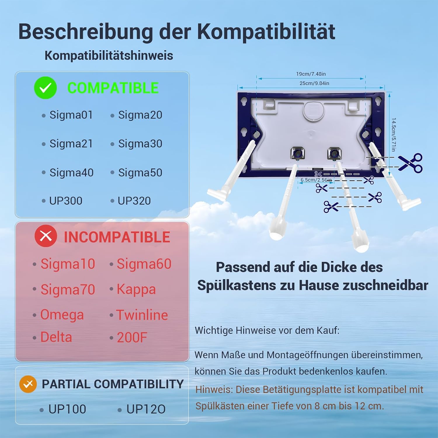 Detalle de Mendorio WC Drückerplatte – kompatibel mit Geberit Sigma, UP300/UP320, Doppelspülung, Matt Weiß