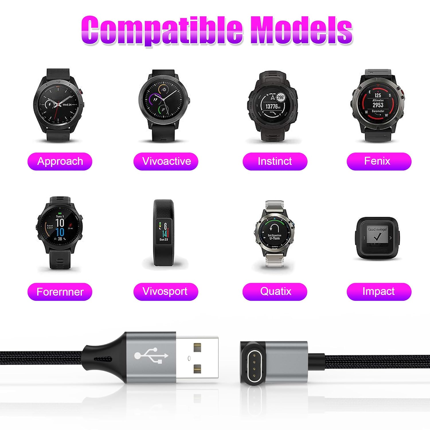 Thumbnail 4 de AGVEE BGW-GBB12 L-Shaped Garmin Watch Charging Cable, 2-Pack, 6.6ft