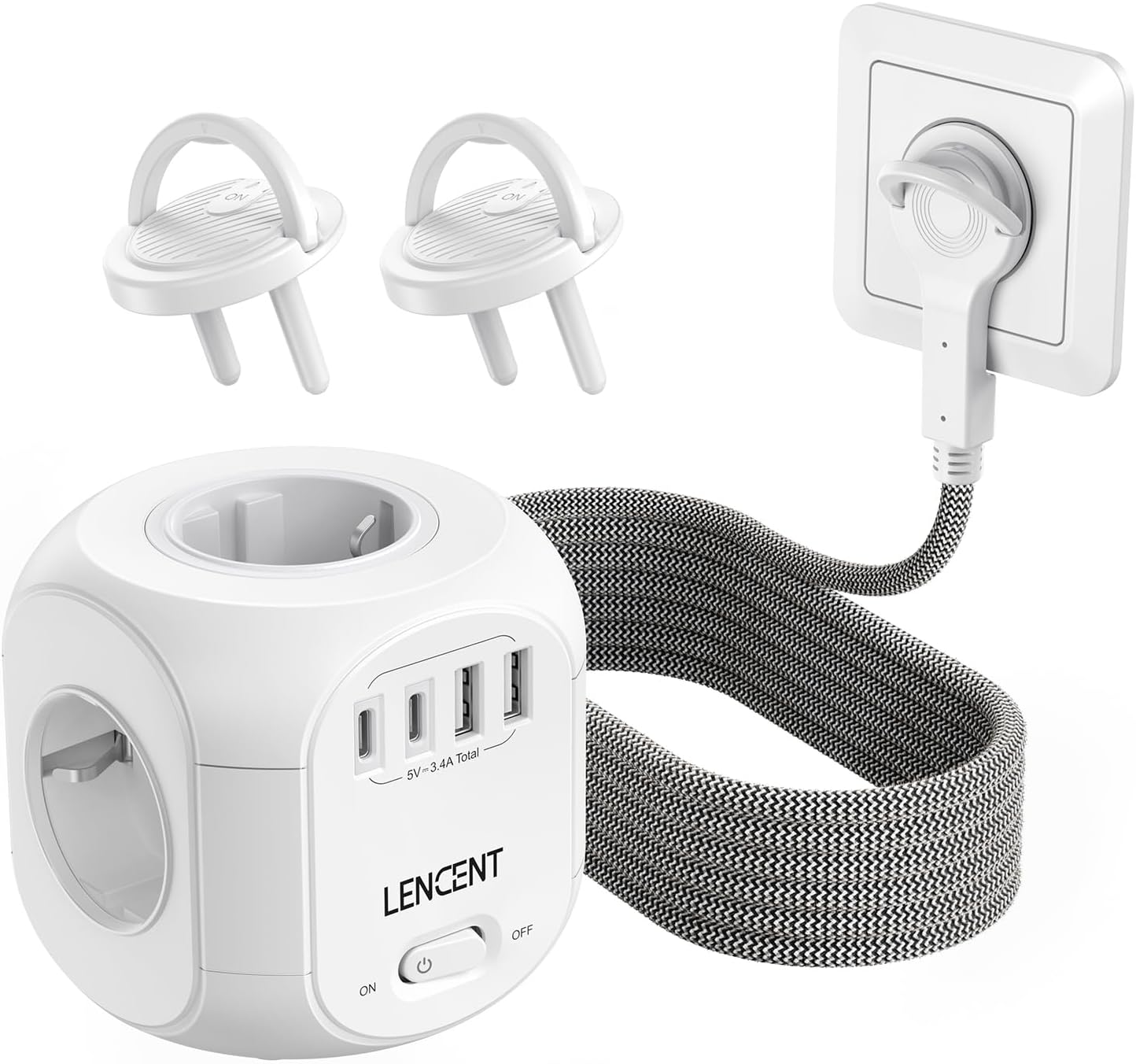 Detalle de LENCENT SL-805E-F stekkerdoos met platte stekker, 4 stopcontacten en USB