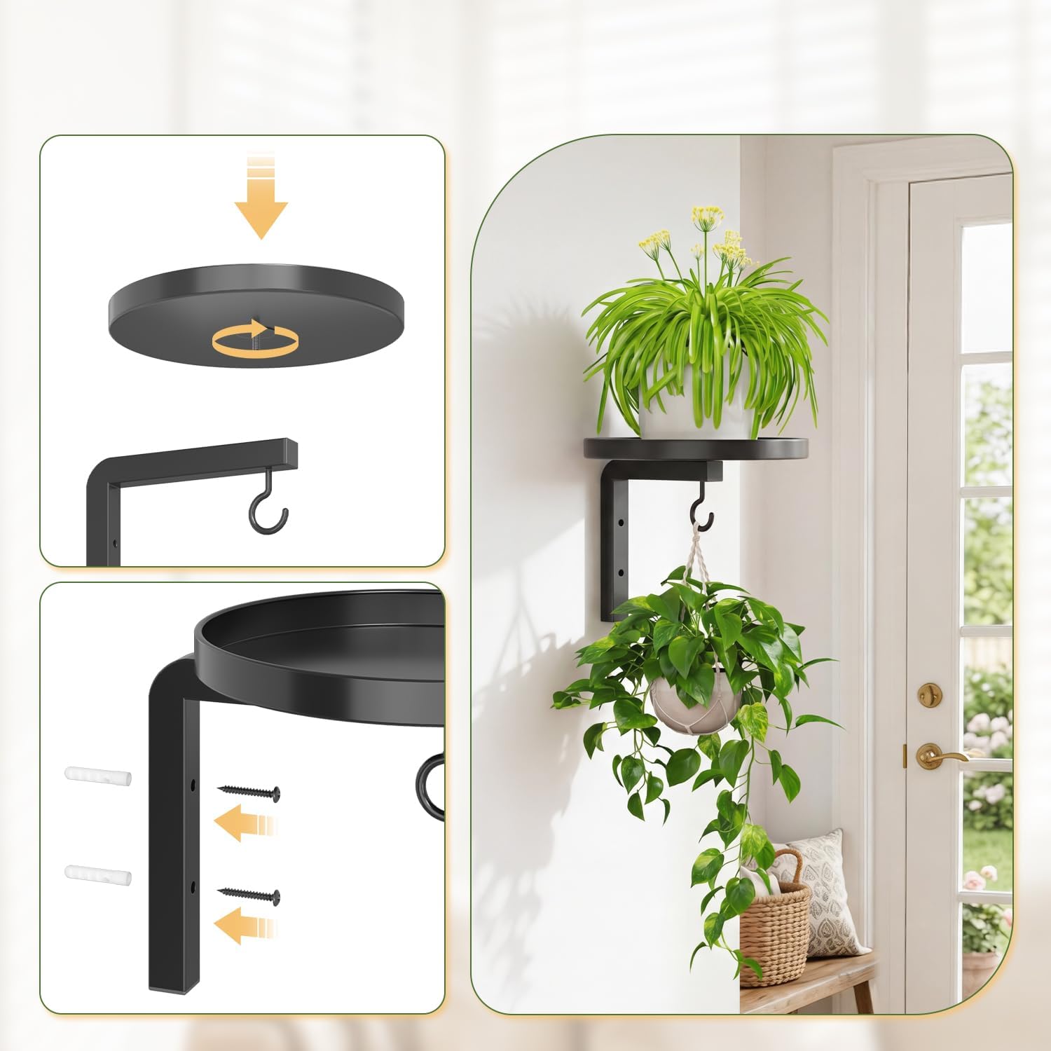 Detalle de LASZOLA Plant Stand Wall-Mounted Metal Plant Holders, Set of 2, Black