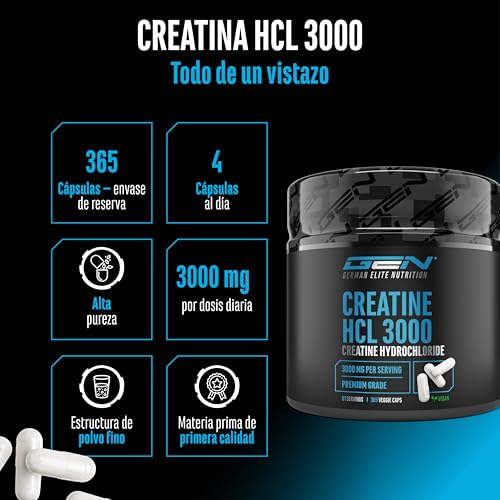 Thumbnail 1 de Creatine HCL – 365 cápsulas de alta dosis (3000 mg por dosis diaria) de GEN GERMAN ELITE NUTRITION