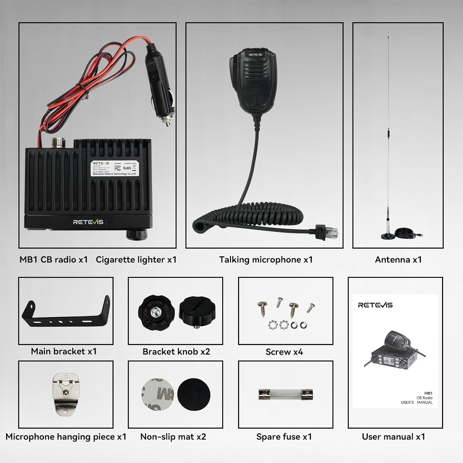 Thumbnail 6 de Retevis MB1 40-Channel CB Radio Kit with Noise Cancellation, 7-Color Screen, and Antenna