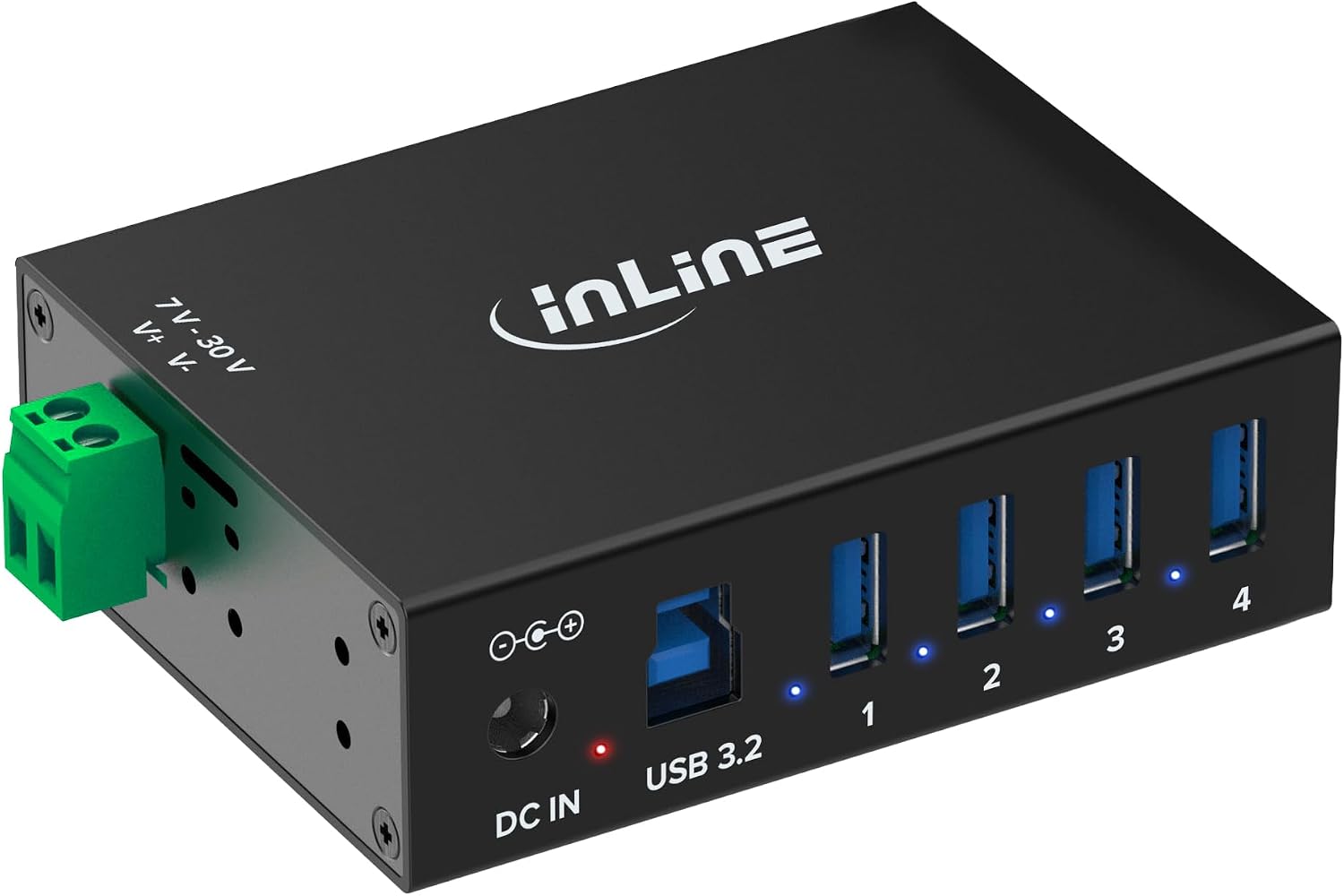 Detalle de InLine 35396A – przemysłowy koncentrator USB 3.2 Gen.1, 4 porty, obudowa aluminiowa