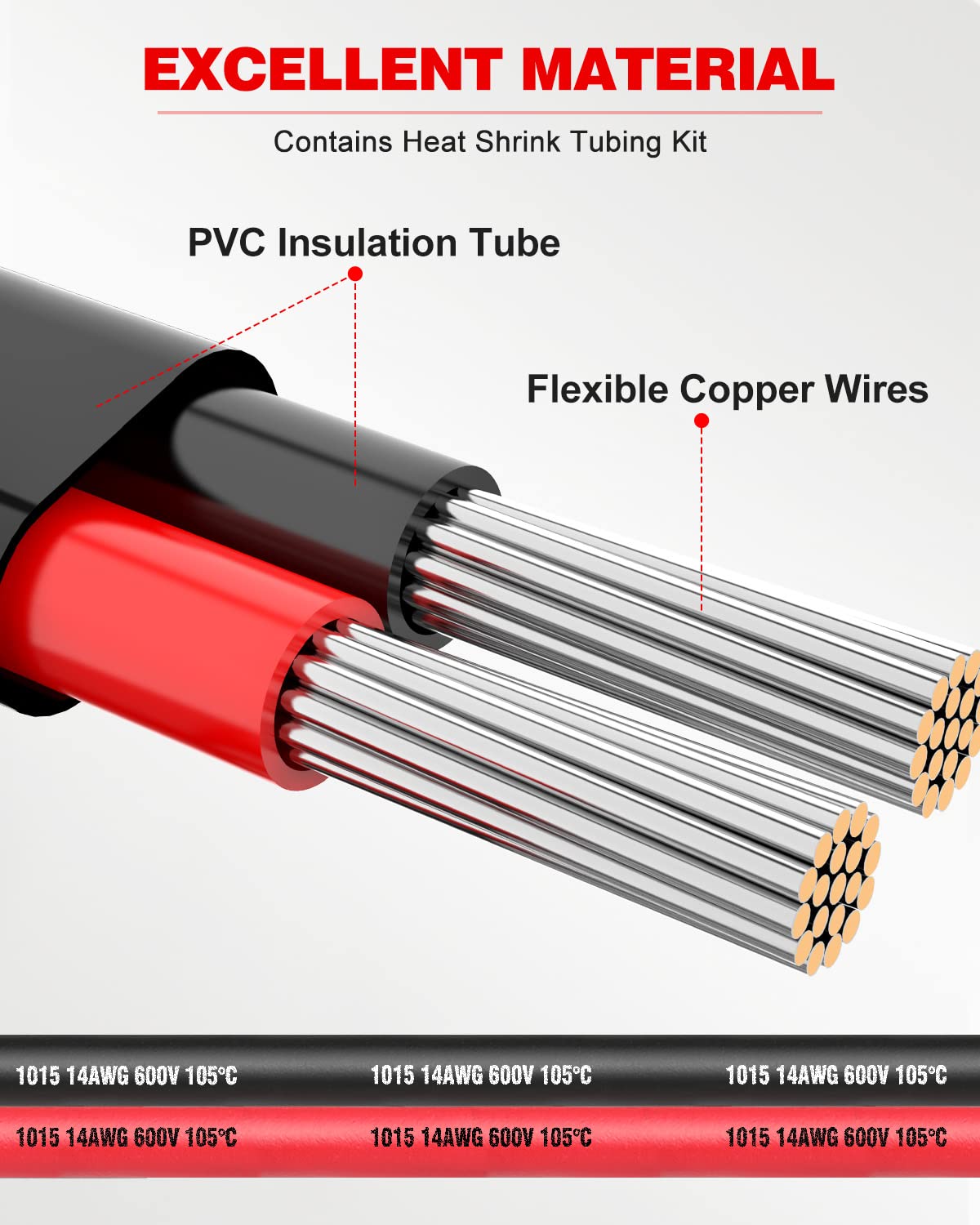 Detalle de NAOEVO 14 Gauge 2 Conductor Electrical Wire (14 AWG) – 500FT, IP68 Waterproof, Tinned Copper, PVC Jacket