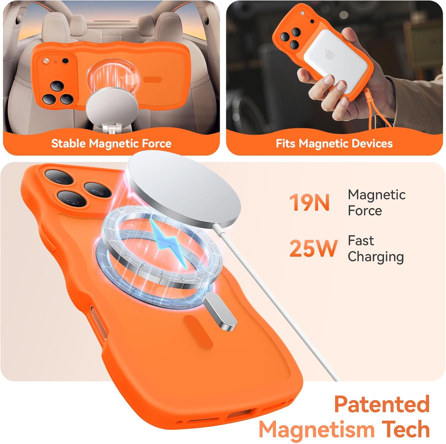 Thumbnail 2 de 3 in 1 Magnetic iPhone 17 Pro Max Case with Cute Wavy Design — Full Camera Protection + MagSafe Compatibility (Orange, 6.9")