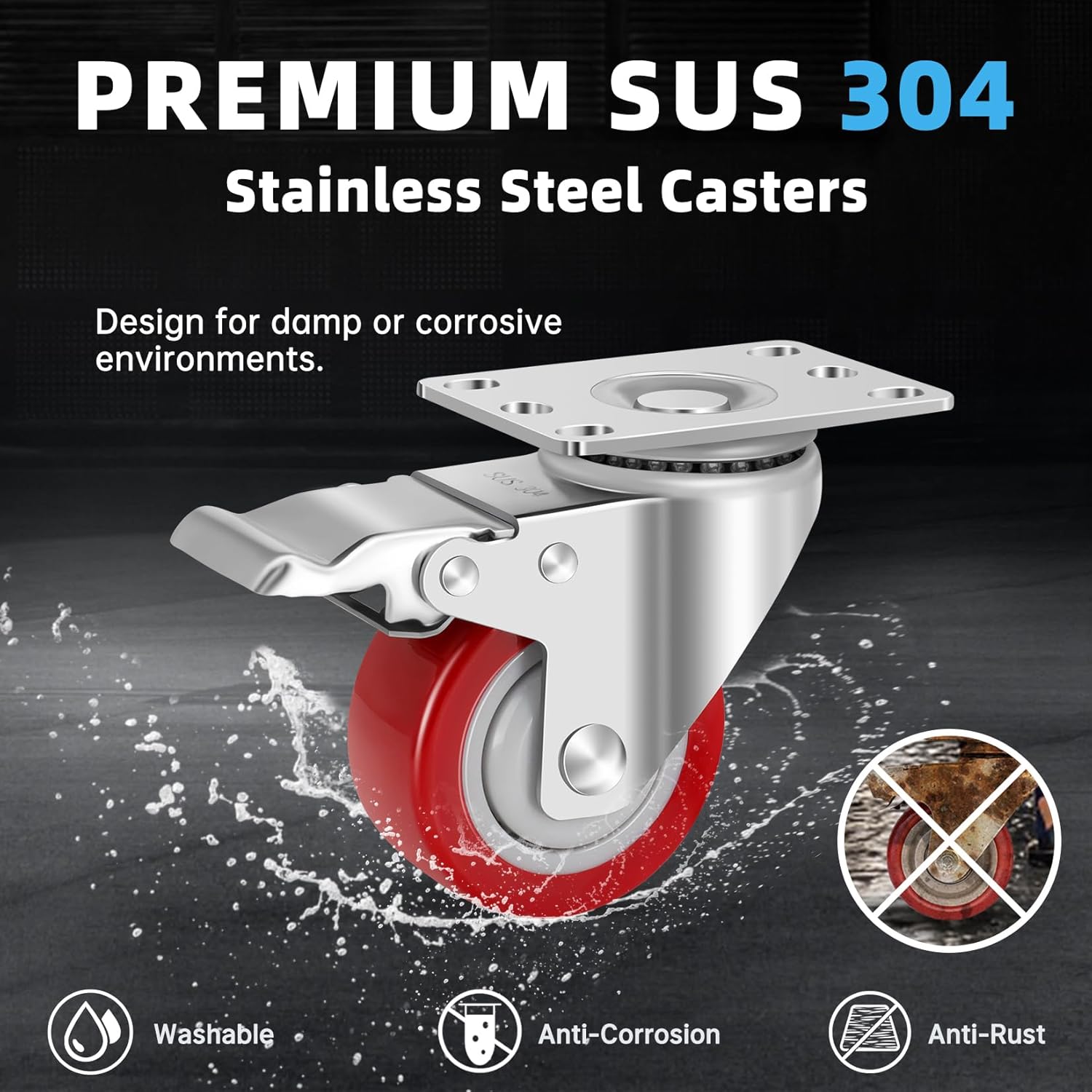 Thumbnail 6 de W B D WEIBIDA 75mm Ruote per Carrelli Carichi Pesanti in Acciaio Inox – 540 kg, Anticorrosione con Doppio Freno
