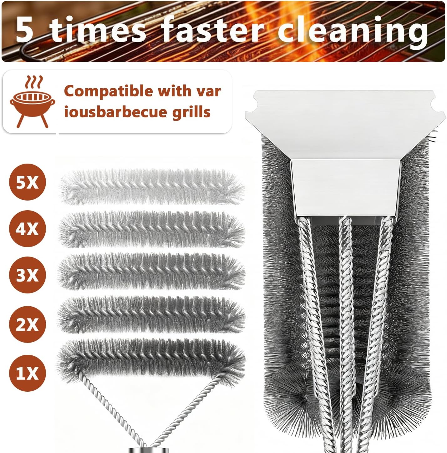 Thumbnail 2 de JIMYIU Kit di Pulizia per Griglie 3 in 1: Spazzola in acciaio inox con raschietto e occhiello, extra lunghe per grill a gas, carbone, elettriche e a sfera