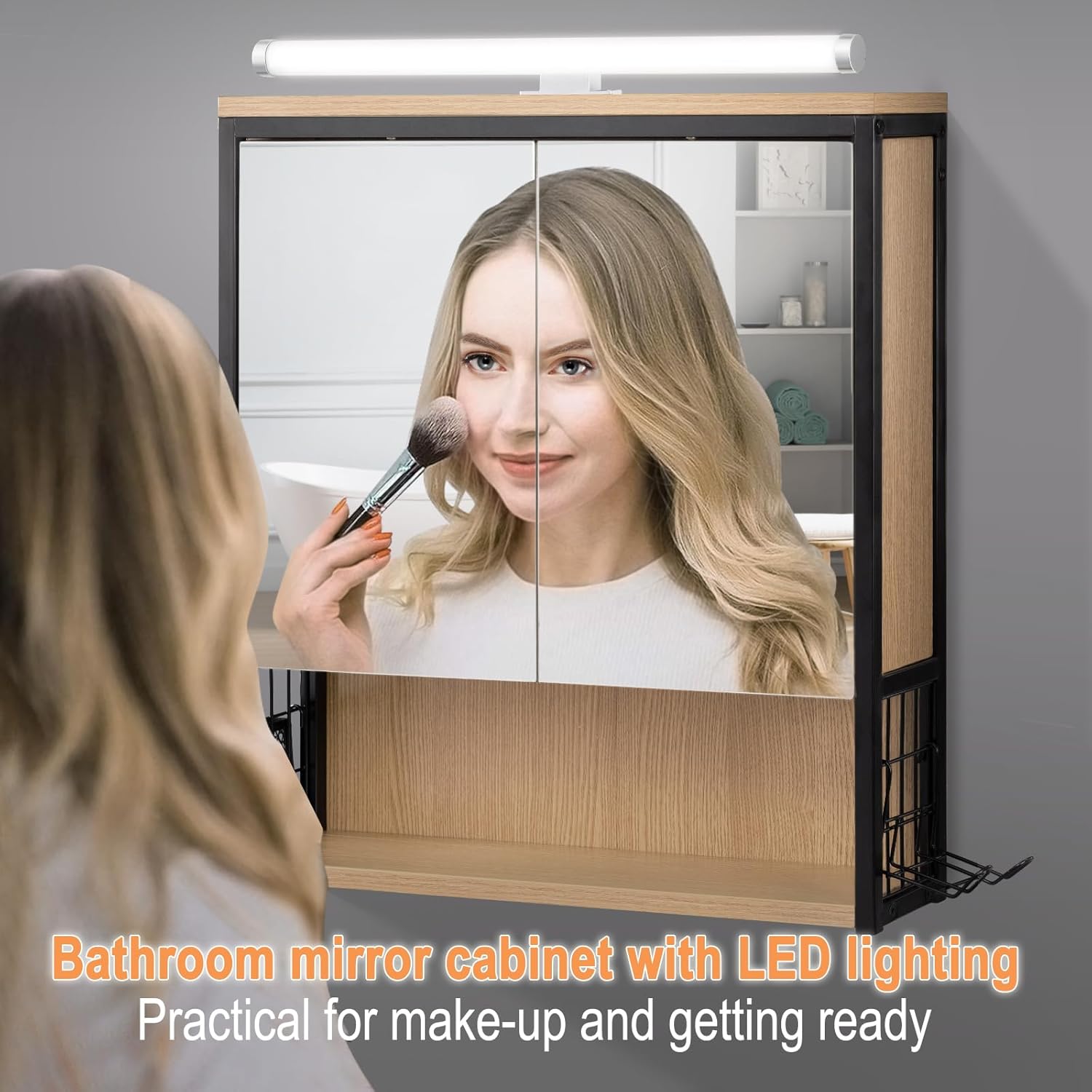 Thumbnail 4 de EUGAD Spiegelschrank Bad mit Beleuchtung – 56x60x13 cm, schwarz + helle Eiche