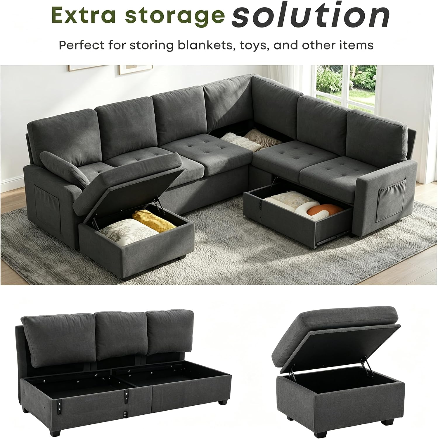 Thumbnail 6 de Huatean Home 200 7-Seat Pull-Out Sectional Sofa with Storage, Flat Gray