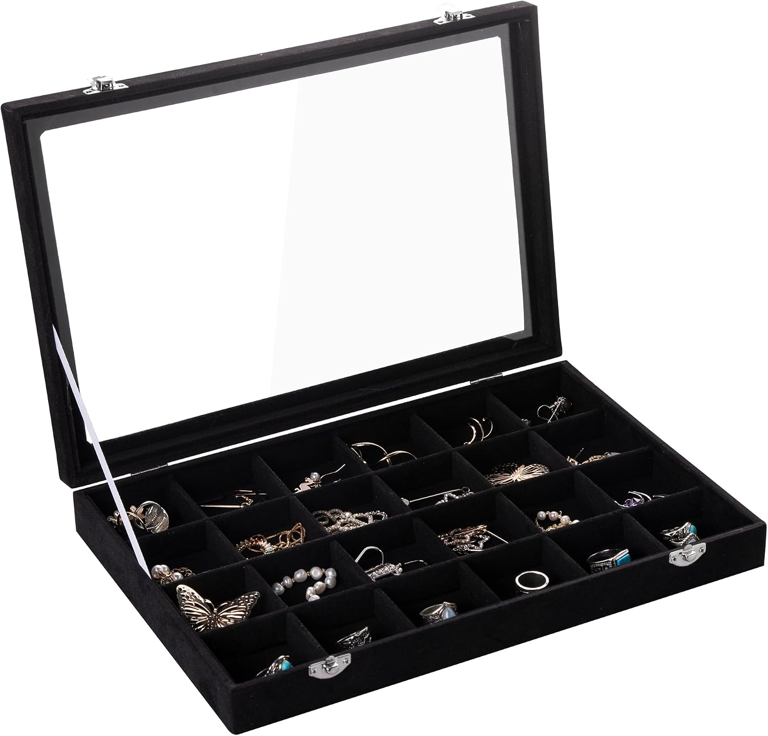 Frebeauty Velvet plateau de bijoux 24 compartiments – boîte de rangement avec couvercle en verre (Noir)