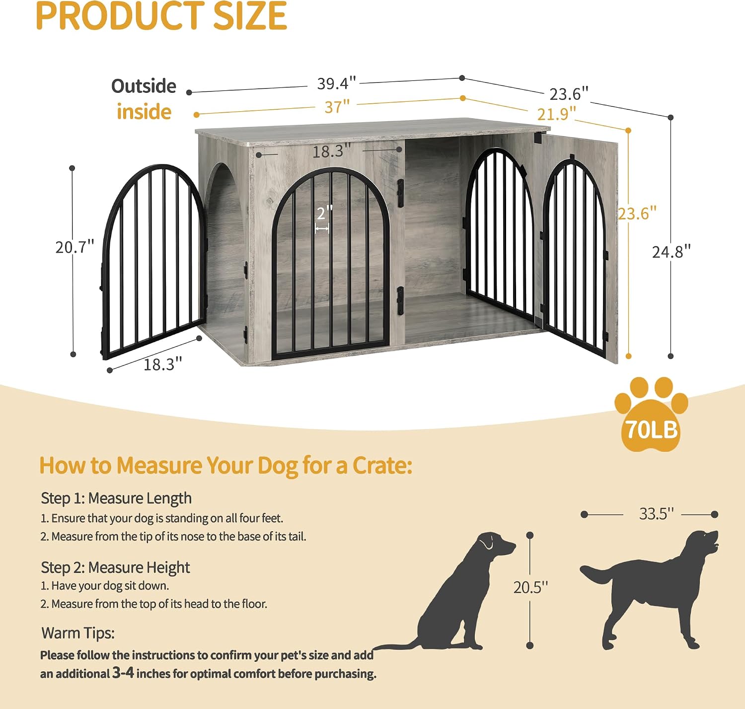 Detalle de Hzuaneri Hundekäfig Möbel DFC84105B – 100 cm Hundebox mit 3 Türen und Bogentür für Zuhause