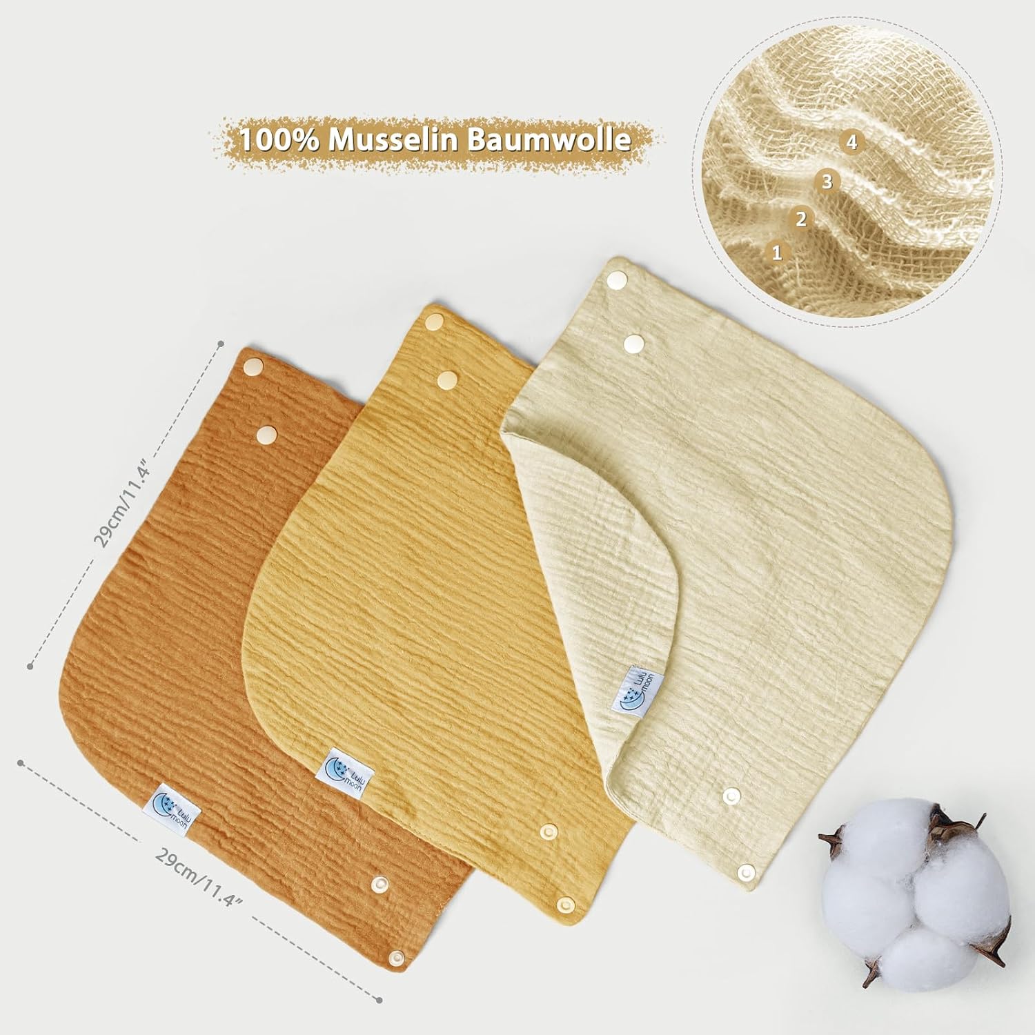Thumbnail 2 de lulumoon Baby-Lätzchen Dreieckstuch (4-lagig, 100% Bio-Baumwolle) – absorbierendes Musselin Halstuch im Großformat