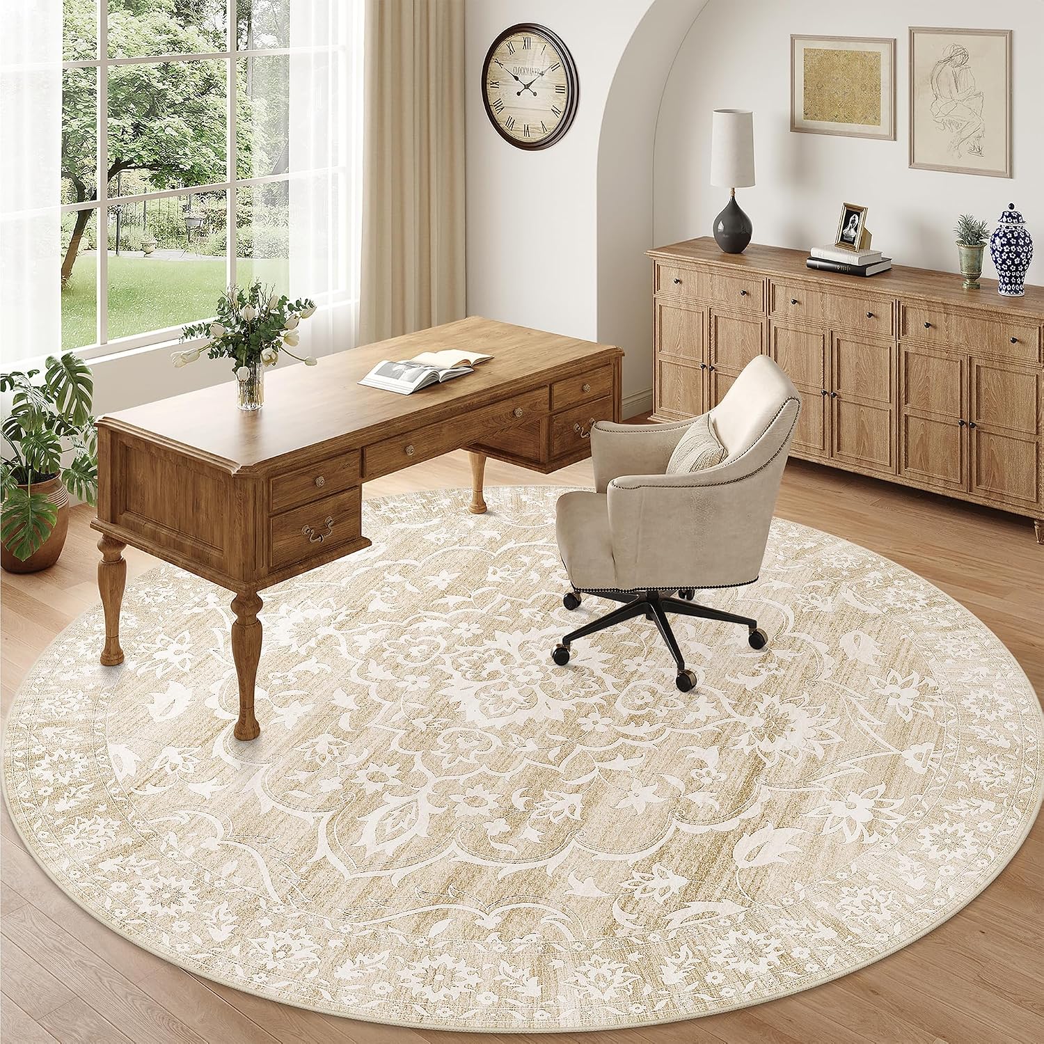 Detalle de Soalmost Washable Round Rug 8ft Round — Ultra-Soft Vintage Floral, Non-Slip, Machine Washable