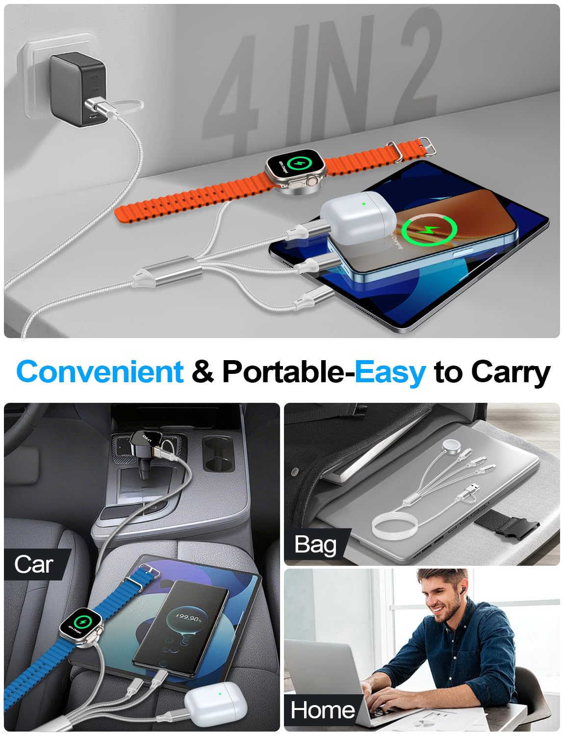 Detalle de Travel Essentials 4-in-2 Multi Charging Cable (USB A & Type-C) for Apple Watch, iPhone, Samsung