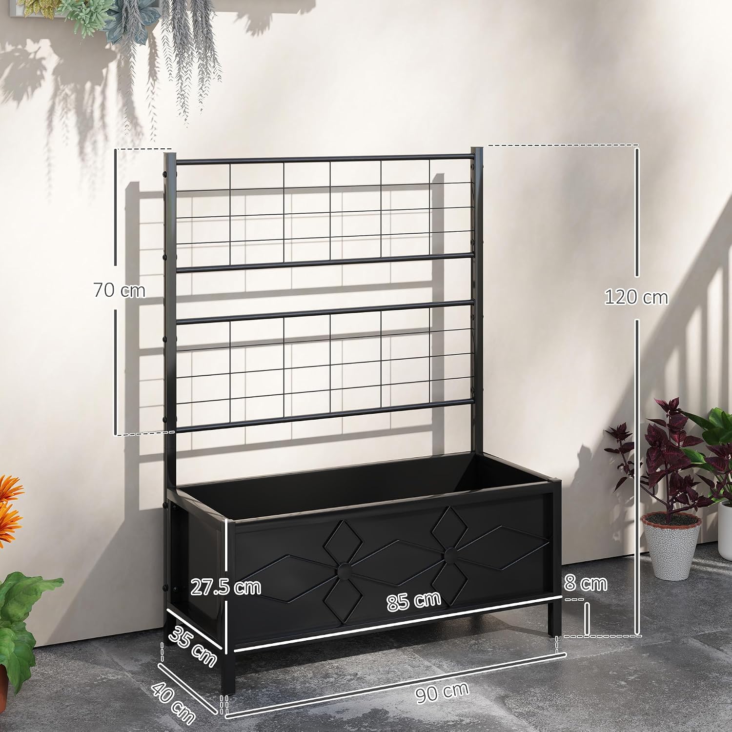 Thumbnail 2 de Outsunny 84H-145V00BK Raised Garden Bed with Trellis, Black Galvanised Steel