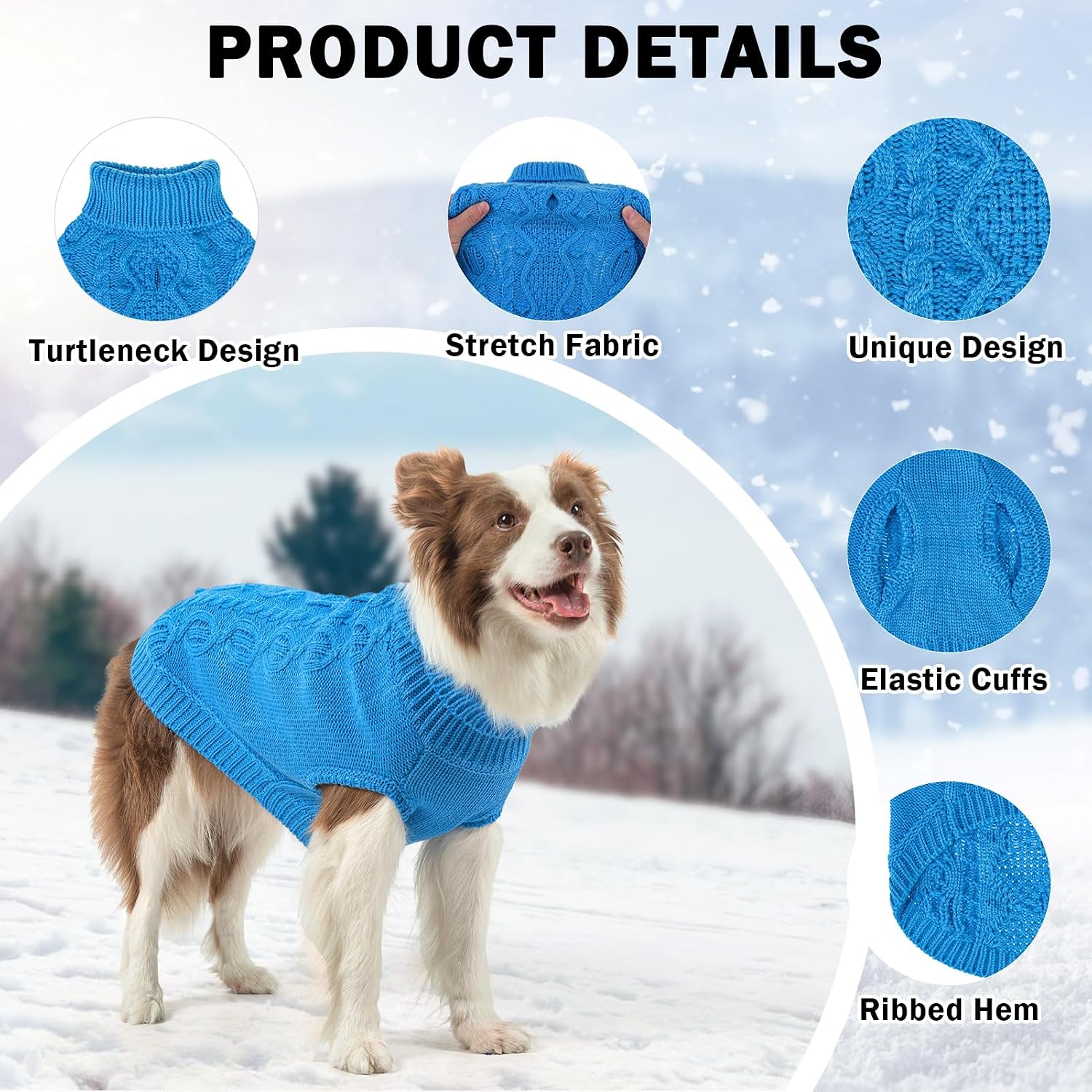 Detalle de SCENEREAL Medium Dog Sweater in Lake Blue, Knitted Turtleneck with Leash Hole