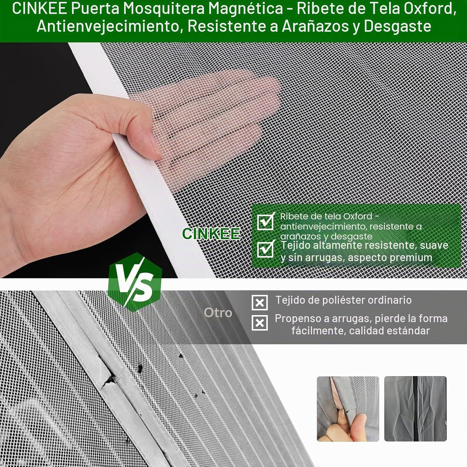 Detalle de Cinkee ENGROSAR mosquitera magnética para puerta exterior 90x210 cm (blanco), se cierra sola y sin taladrar