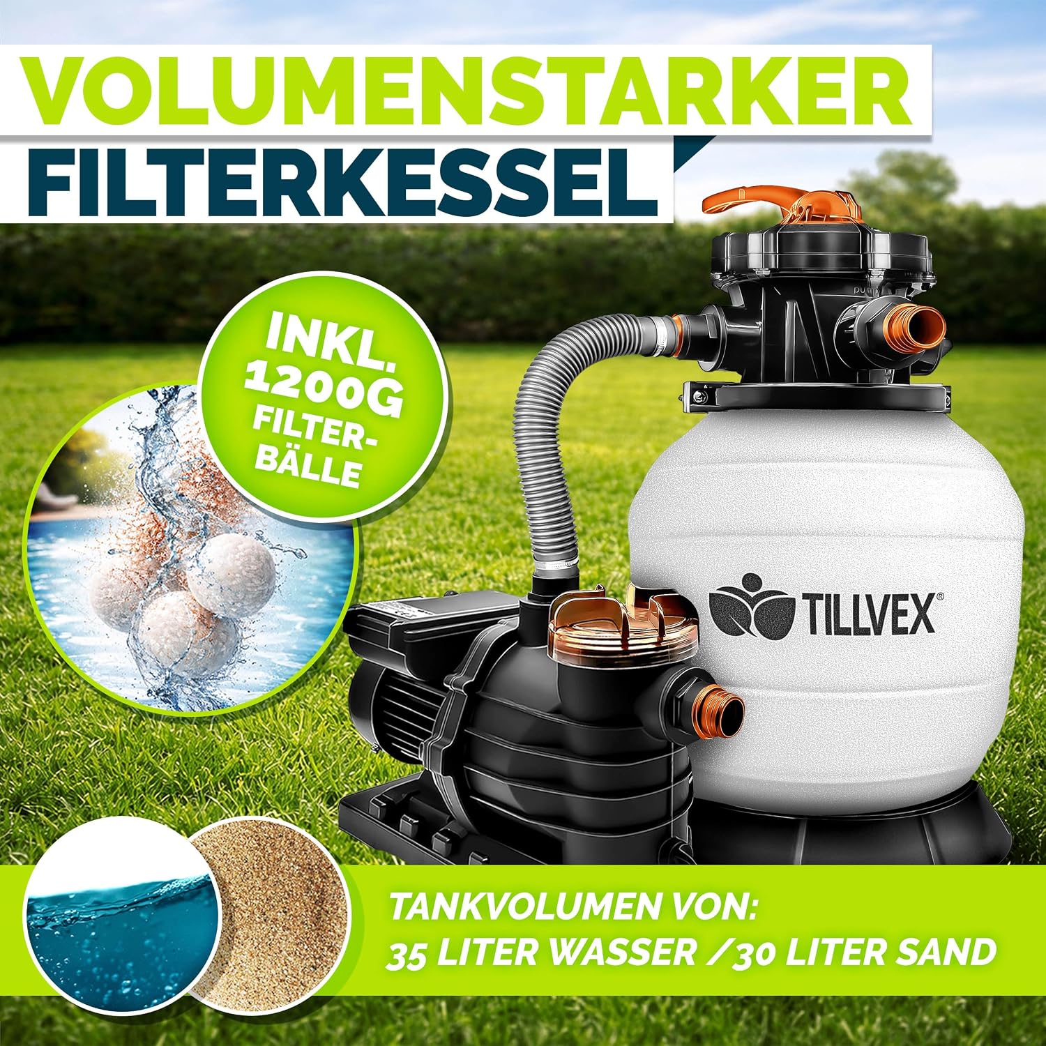 Thumbnail 6 de tillvex® Sandfilteranlage für Pool bis 40.000 L – 13.200 L/h mit 7-Wege-Ventil, Ø32/38 mm & Filterbällen