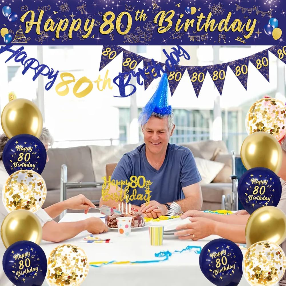 Detalle de Navy Blue & Gold 80th Birthday Party Decorations — Banner, Bunting & Balloons
