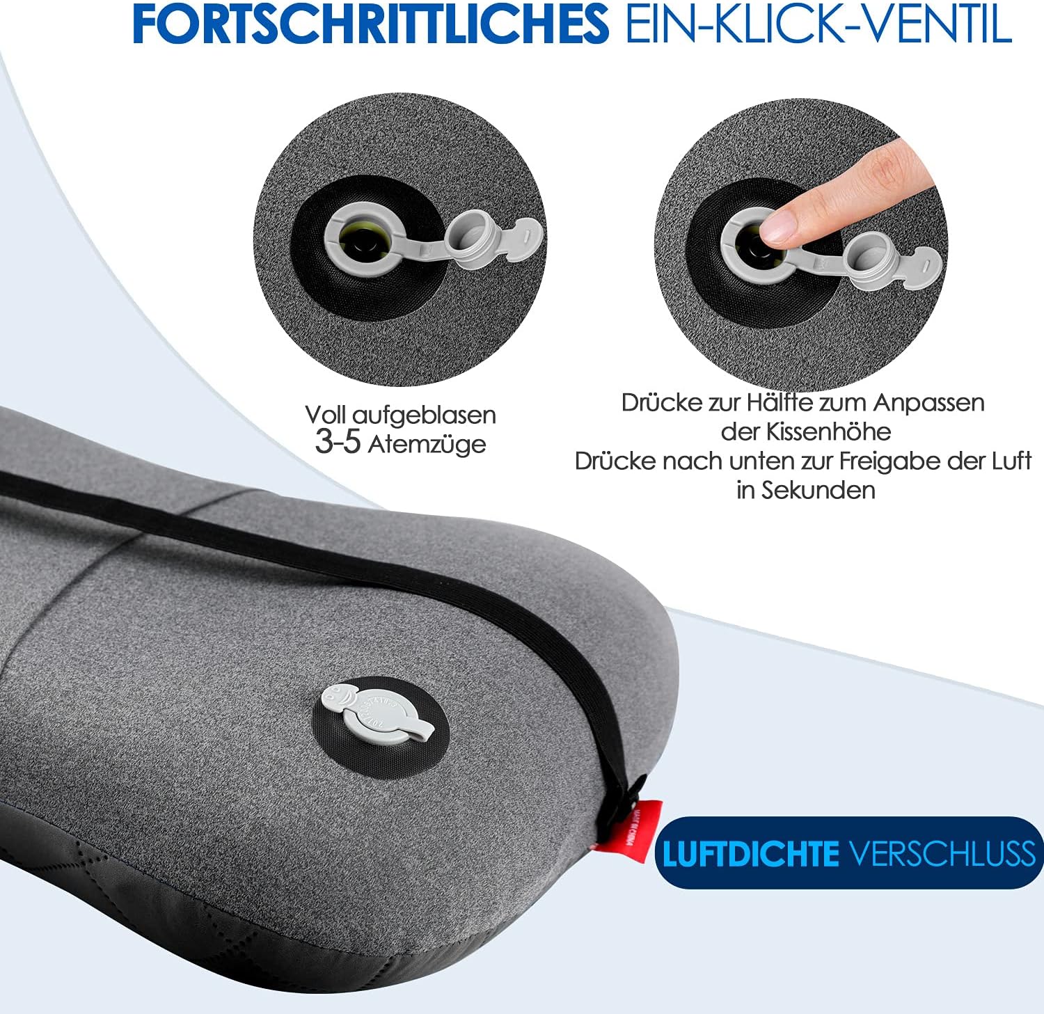 Detalle de HIKENTURE aufblasbares Camping- & Reise-Kopfkissen mit abziehbarem Baumwollbezug (Grau)