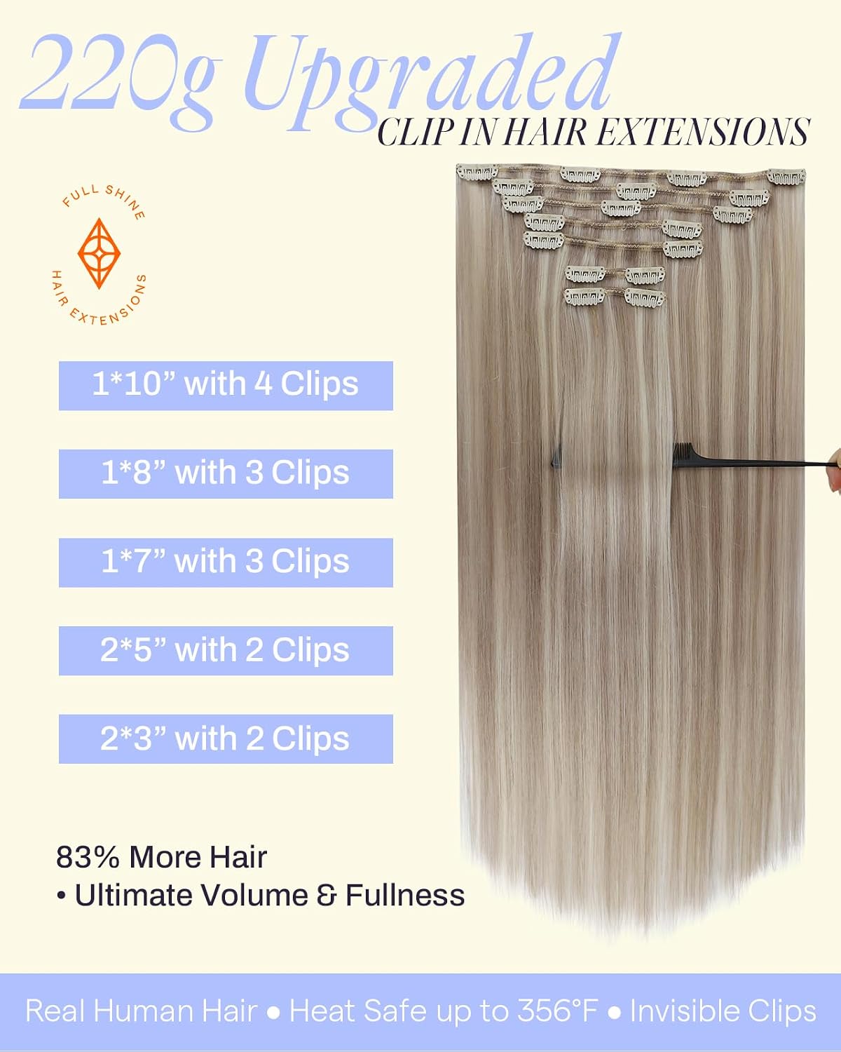 Thumbnail 1 de Full Shine Thick Clip-In Hair Extensions (Ash Blonde Highlight / Remy Human Hair), 24 Inch 7Pcs