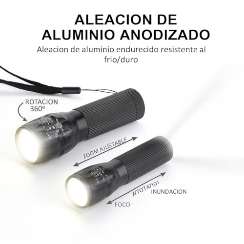 Detalle de RAYPOW Linterna LED Pack2: potencia y versatilidad en aluminio con zoom y giro 360°