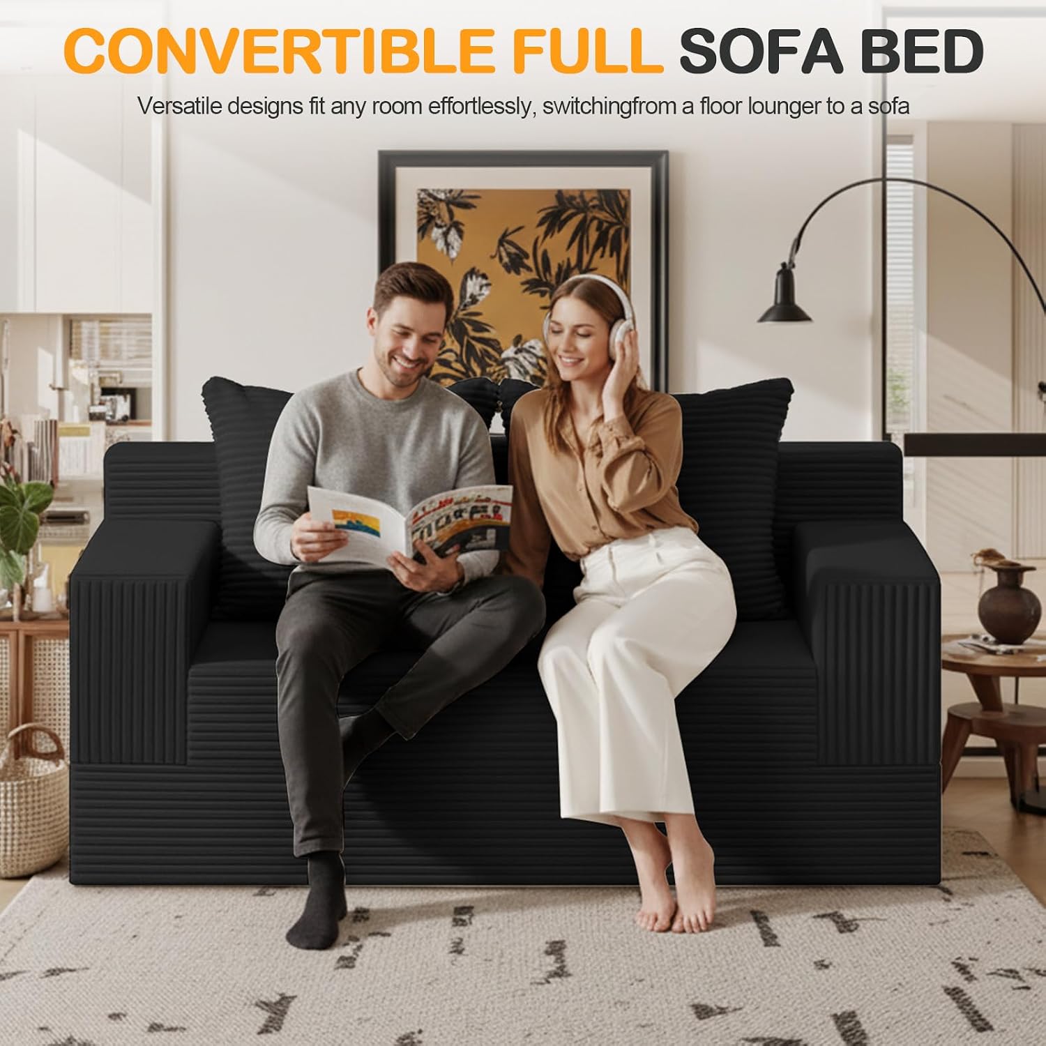 Thumbnail 2 de Erament Loveseat Convertible Sofa Bed, Black Corduroy, Folding Design