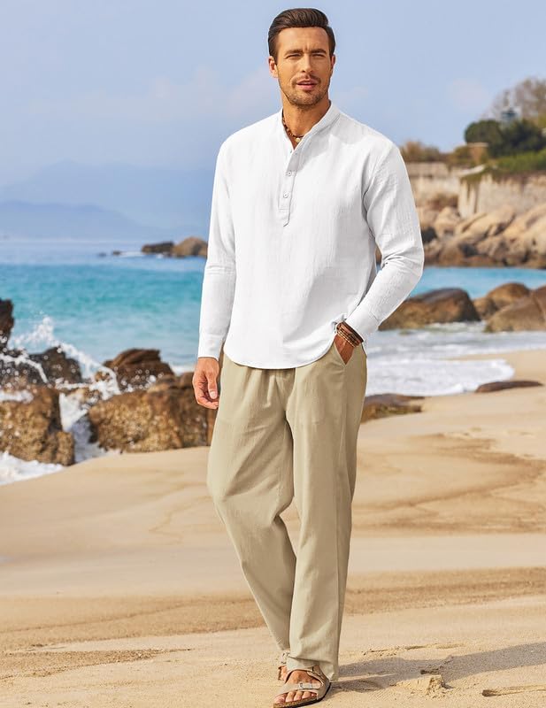 Detalle de COOFANDY Men’s 2-Piece Cotton Linen Henley & Beach Pants Set