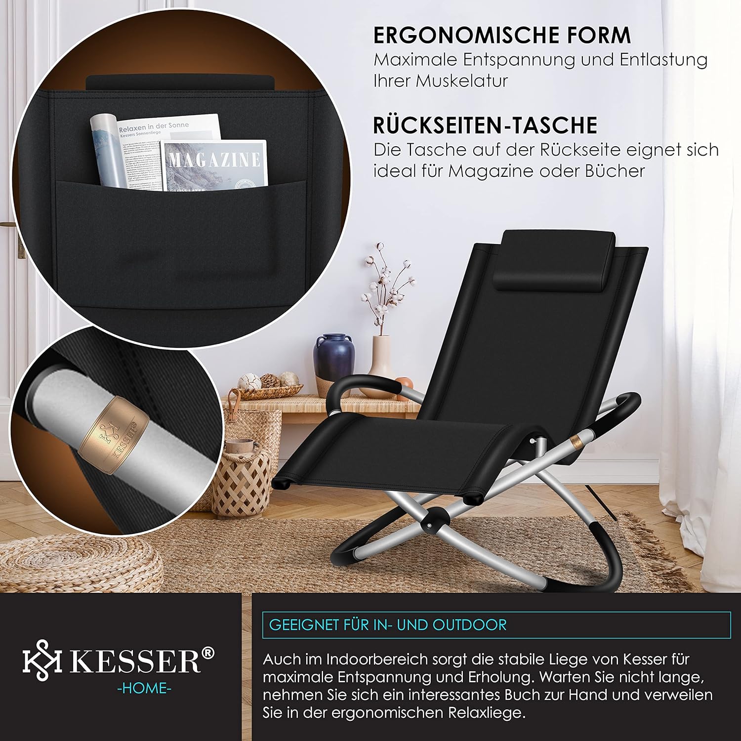 Thumbnail 6 de KESSER® Relaxliege Liegestuhl – ergonomische, klappbare Gartenliege mit wetterfestem Design (bis 180 kg) in Schwarz