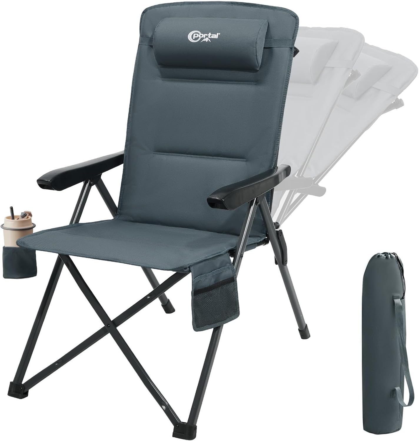 Detalle de Portal faltbarer Campingstuhl mit 3-fach verstellbarer Rückenlehne (bis 160 kg), hohe Lehne & Getränkehalter