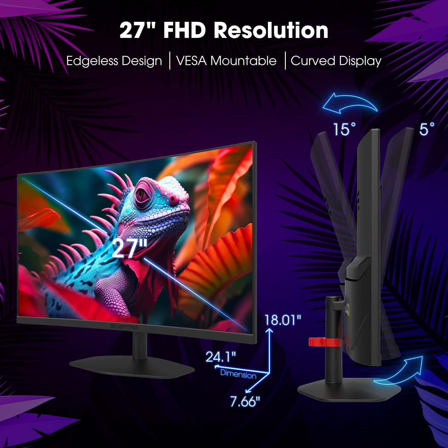 Thumbnail 5 de Sceptre Curved 27-inch Prime Gaming Monitor (C275W-FW100T Series) — 1500R VA, 100Hz, HDMI x2 + DisplayPort
