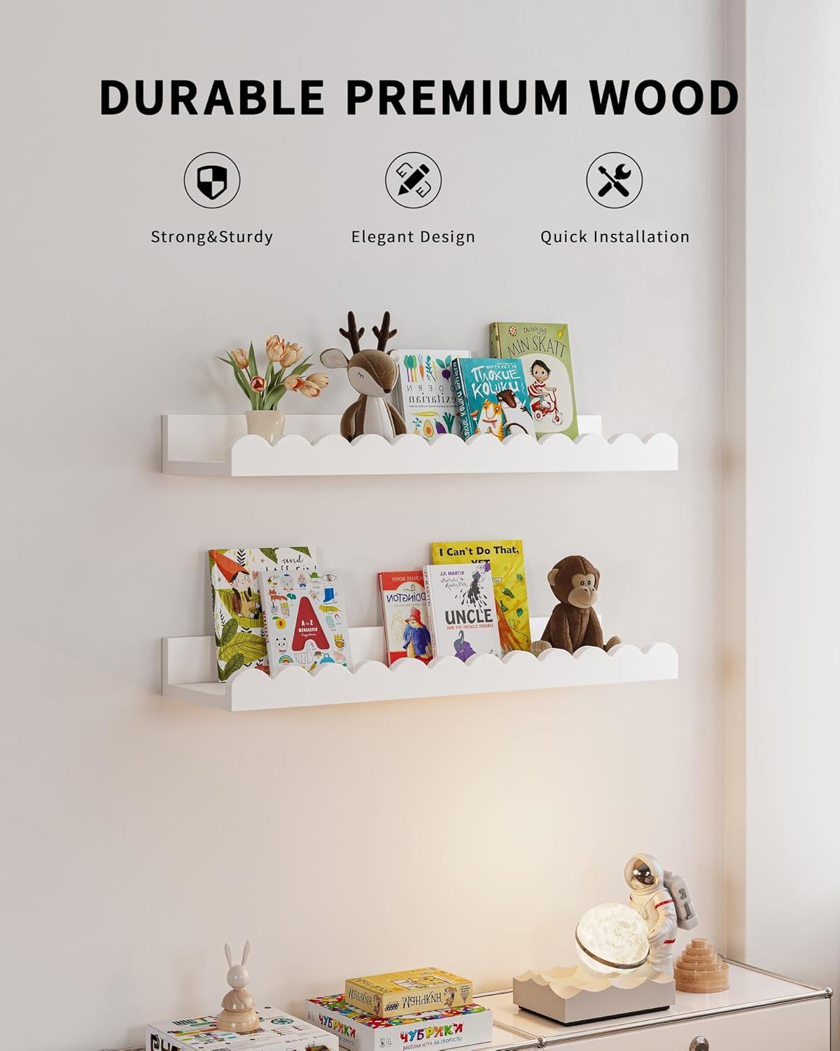 Thumbnail 2 de Shario Nursery Book Shelves (4-Pack) White Floating Wall Shelves for Kids Rooms