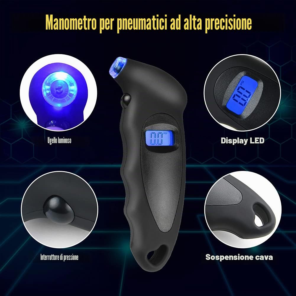 Detalle de URAQT Manometro Pneumatici Digitale: Party di precisione e LED per controllare pressioni su auto, moto e scooter