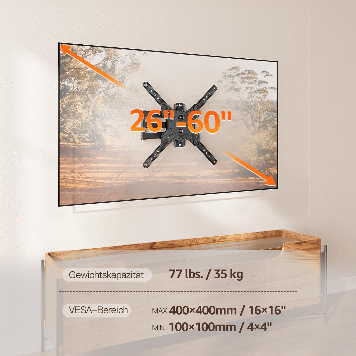 Detalle 2 de ELIVED TV Wandhalterung EV009 – Schwenkbar, Neigbar, VESA bis 400x400mm, 26–60 Zoll, max. 35 kg