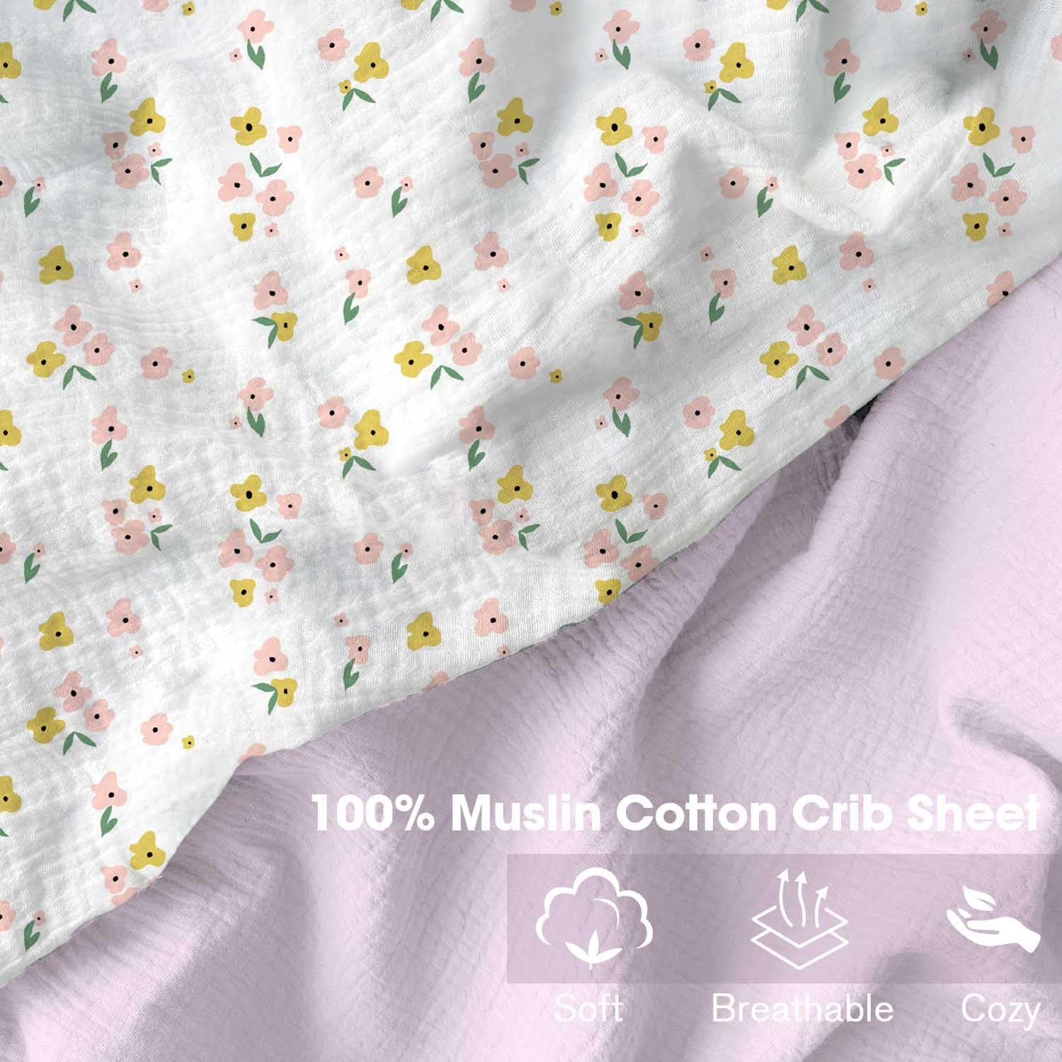 Thumbnail 3 de Little Grape Land Yellow Flower Muslin Crib Sheets, 2-Pack, 100% Cotton
