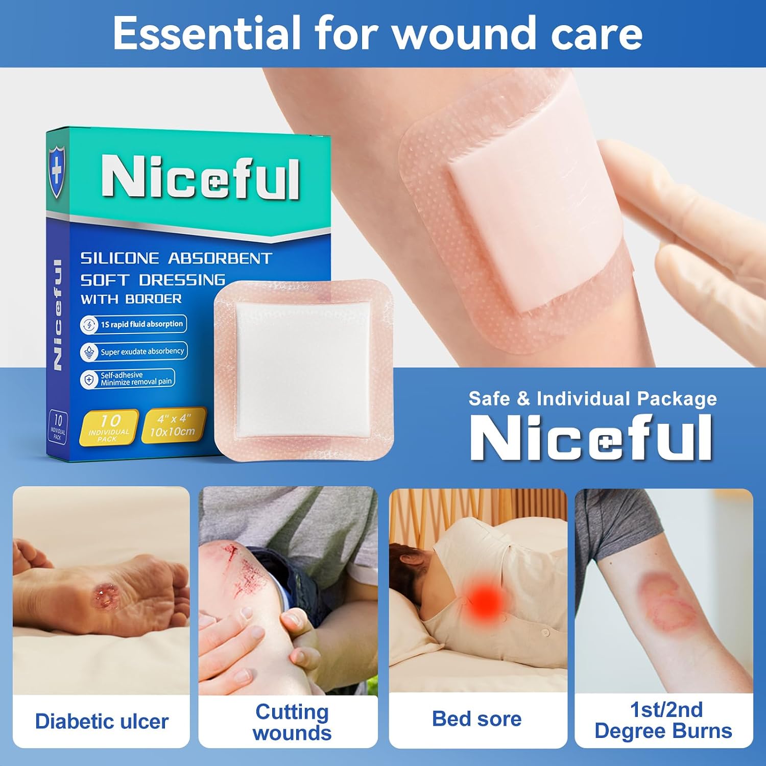 Detalle de Niceful Silicone Wound Dressings, 4" x 4", 10-Pack, Self-Adhesive