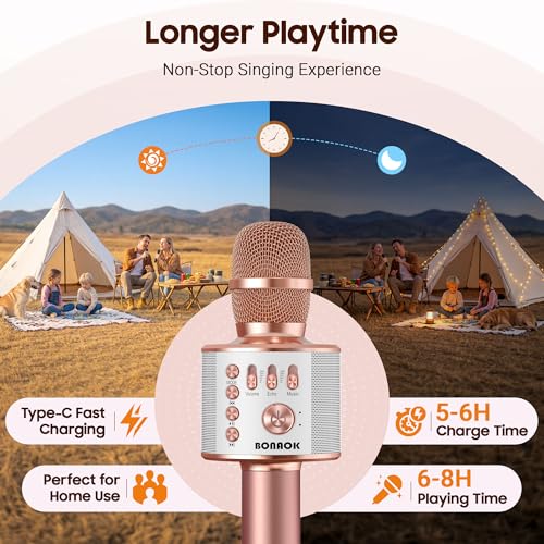 Detalle 2 de BONAOK Wireless Bluetooth Karaoke Microphone (Q37 Rose Gold) – 3-in-1 Portable Mic, Speaker, and Recorder