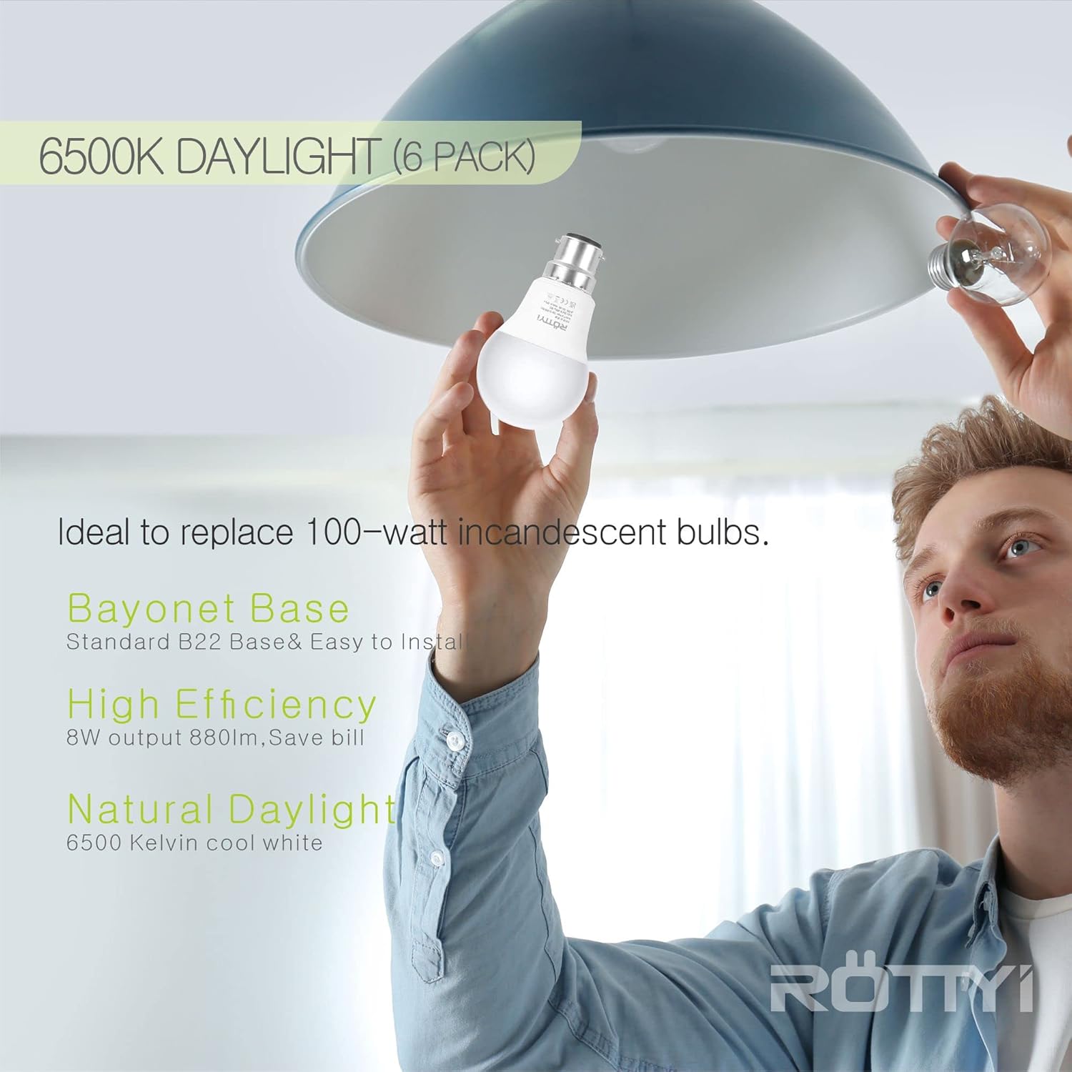 Thumbnail 3 de ROTTYI B22 Bayonet LED Bulbs 11W (100W Equivalent), 6500K Daylight, Pack of 6