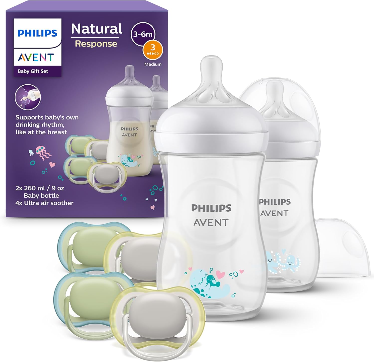 Detalle de AVENT Kit Biberons Natural Response 260 ml – 2 biberons + 4 sucettes Ultra Air (SCD837/13)
