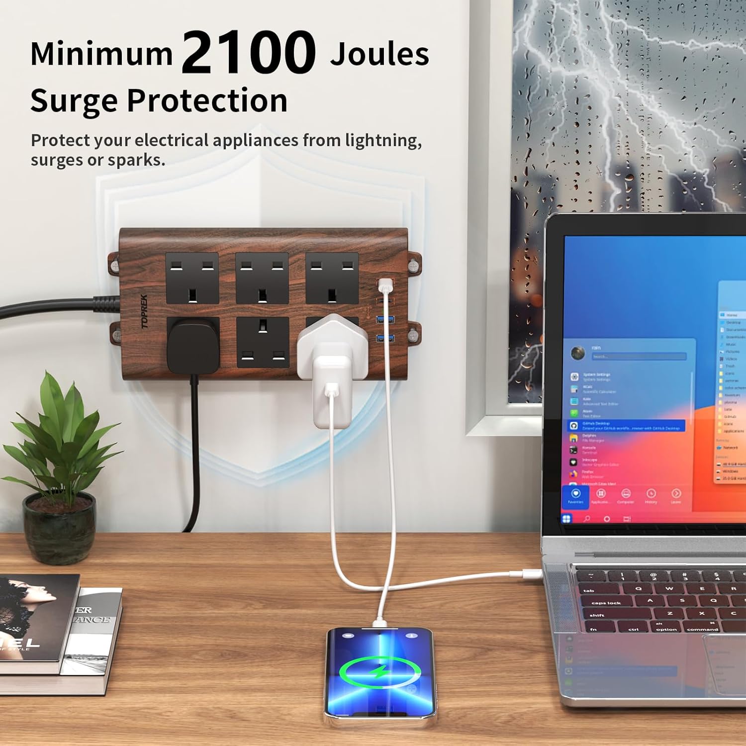 Detalle de TOPREK Wood Grain 6-Way Extension Lead with 2USB-C, 2USB-A & Surge Protection (2m, Brown)