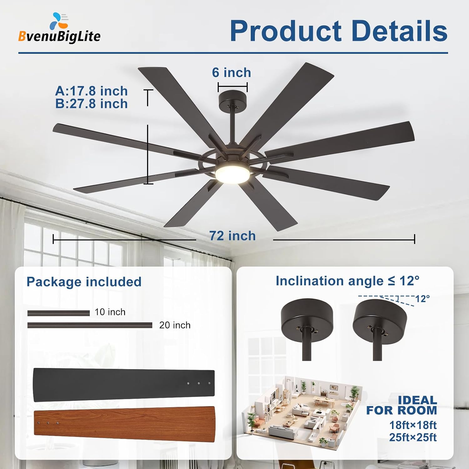 Thumbnail 3 de BvenuBigLite 72-Inch Outdoor Ceiling Fan with Lights (8-Blade, DC Motor, App & Remote)