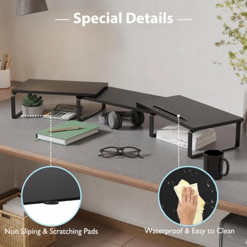 Detalle 2 de DOMSHOCT Dual Monitor Stand Riser with Open Bottom Storage – 75kg Capacity, Adjustable Length and Angle, Black