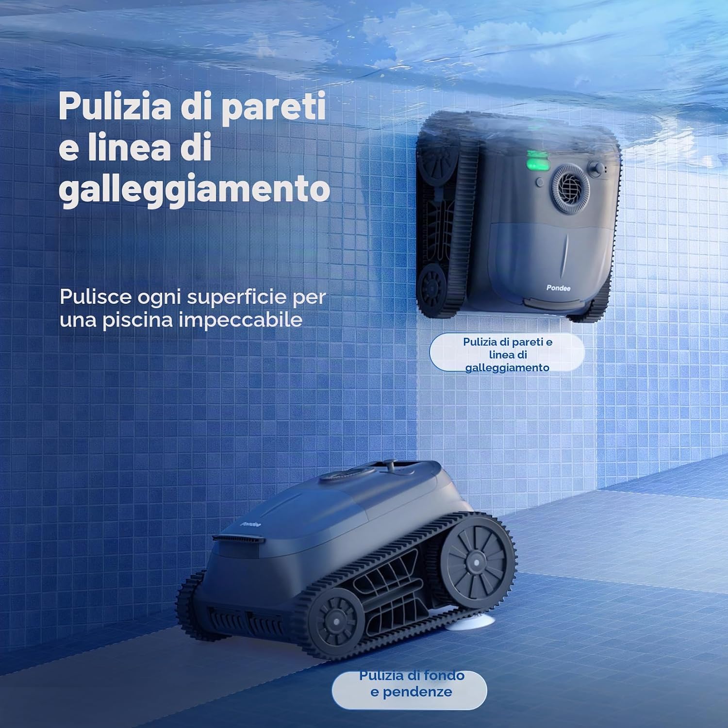 Detalle de Pondee X5 Robot Piscina Senza Fili: triplo motore brushless, navigazione intelligente e autonomia di 180 minuti