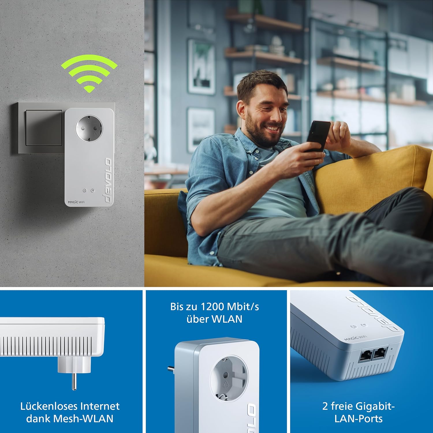 Thumbnail 1 de devolo Magic 2 WiFi next Erweiterungsadapter (WLAN Powerline) mit Mesh & 2× Gigabit LAN – weiß