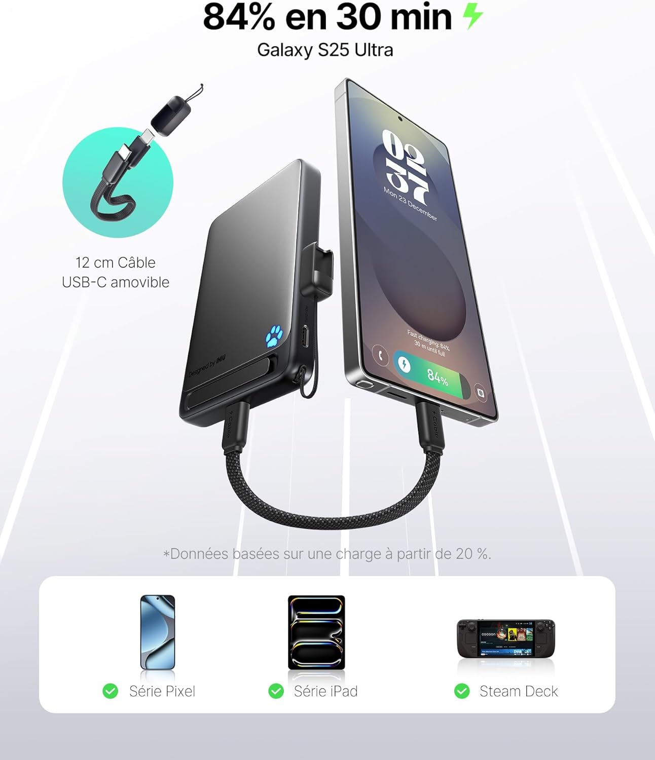 Detalle 2 de INIU Ultra-fine Power Bank 10000mAh pour MagSafe – 45W, Qi2 ETL, avec câble USB-C et Support magnétique