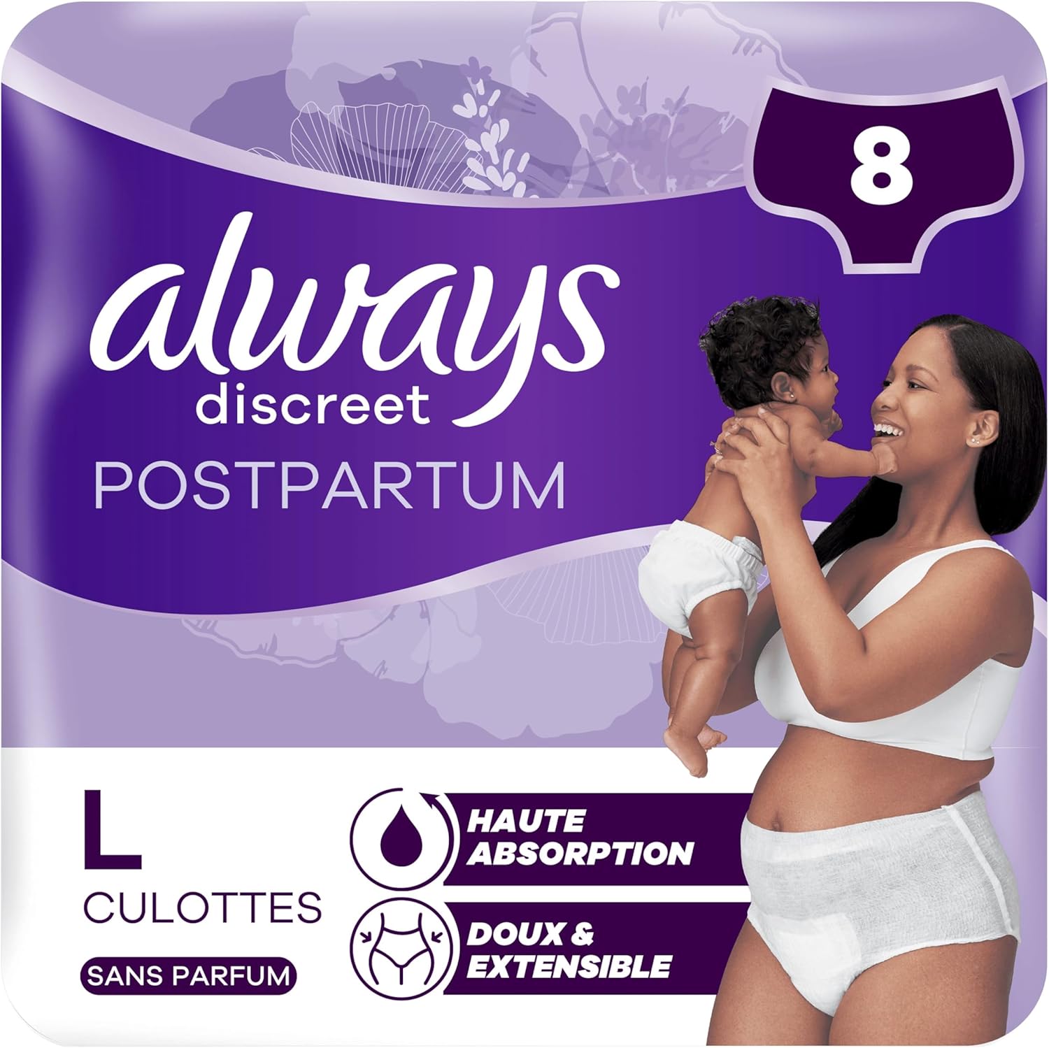 Detalle de Always Discreet Postpartum Culottes Jetables, Taille L – 8 pièces, haute absorption et confort